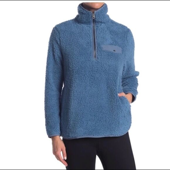 Te Verde Blue Plush Teddy Cozy Sherpa Fleece Pullover Half Zip Sweater - Picture 1 of 8